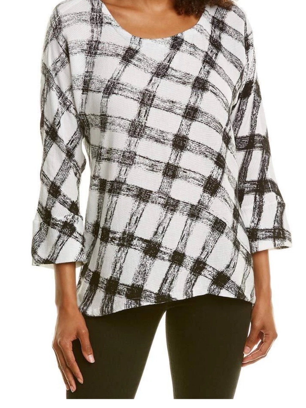 Nic+Zoe black white check blouse top linen blend lagenlook size Small